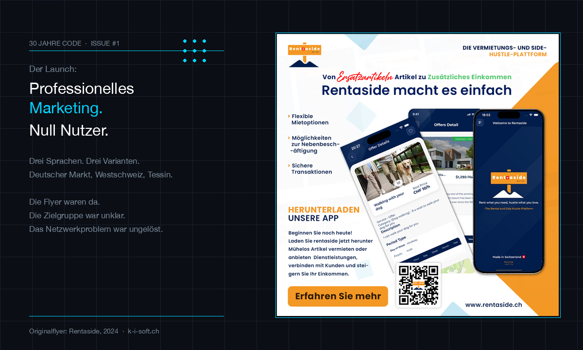 Rentaside Marketing-Flyer in drei Sprachen (Deutsch, Englisch, Französisch), je eine Variante für Anbieter und Nachfrager.
