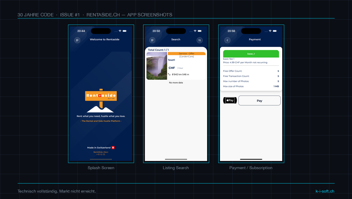 Screenshots der Rentaside-App auf iOS und Android: Startbildschirm, Geolocation-Suche, Mietangebot-Detail.