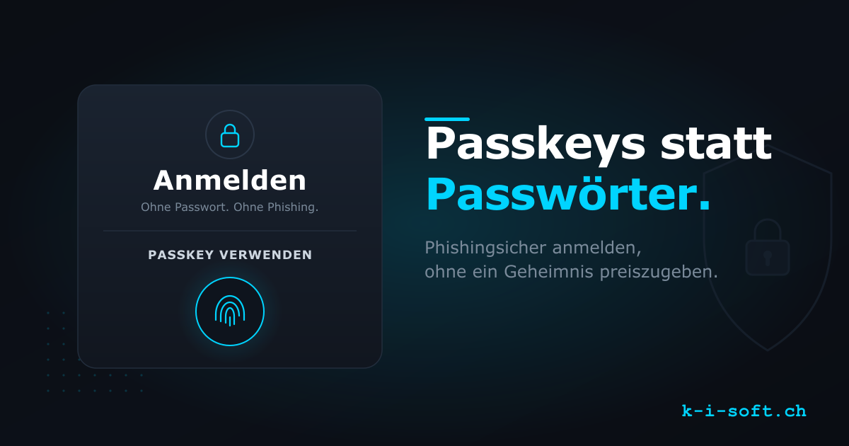 Passkey-Prinzip: privater Schlüssel bleibt auf dem Gerät, öffentlicher Schlüssel liegt beim Dienst, Anmeldung per Challenge-Response.