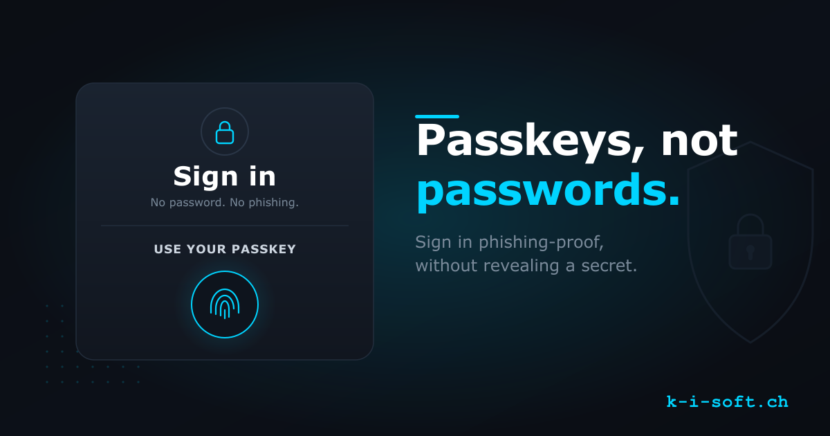 Passkey principle: the private key stays on the device, the public key sits with the service, sign-in via challenge-response.