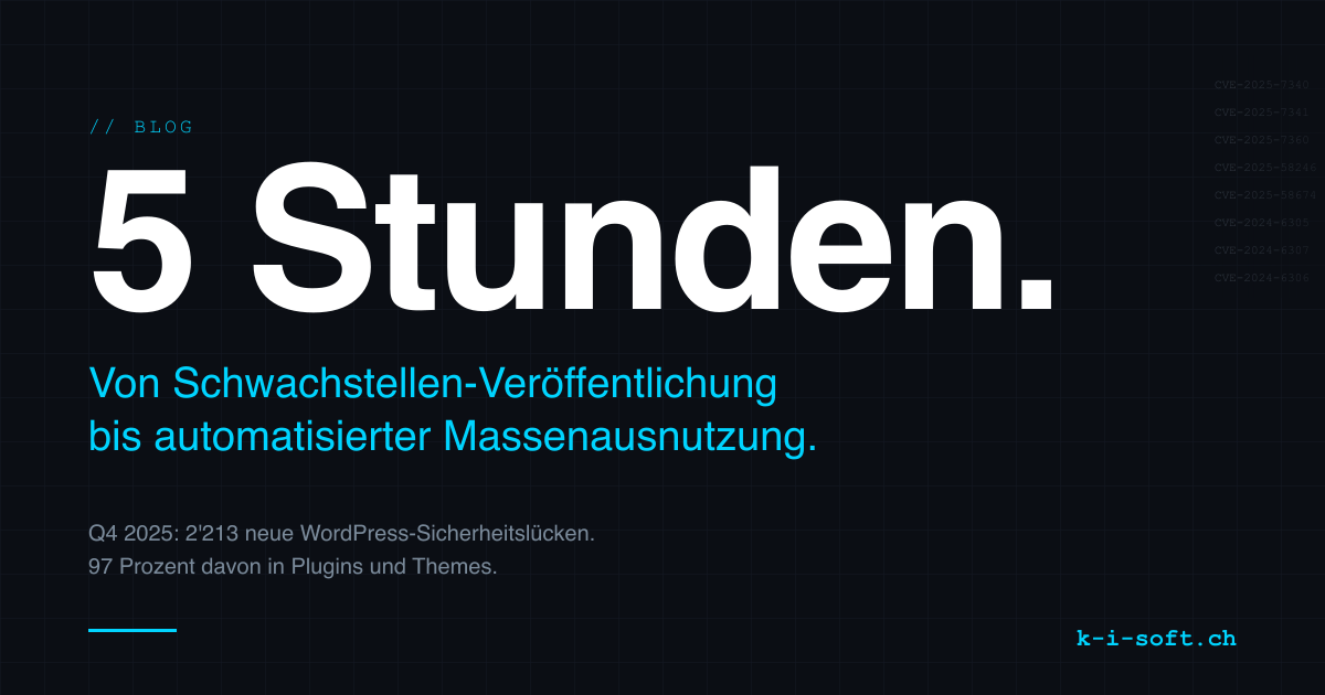 Cover-Grafik zum Beitrag: Schweizer Behörden warnen vor WordPress-Sicherheitslücken, Belege aus BACS, Patchstack und Wordfence.