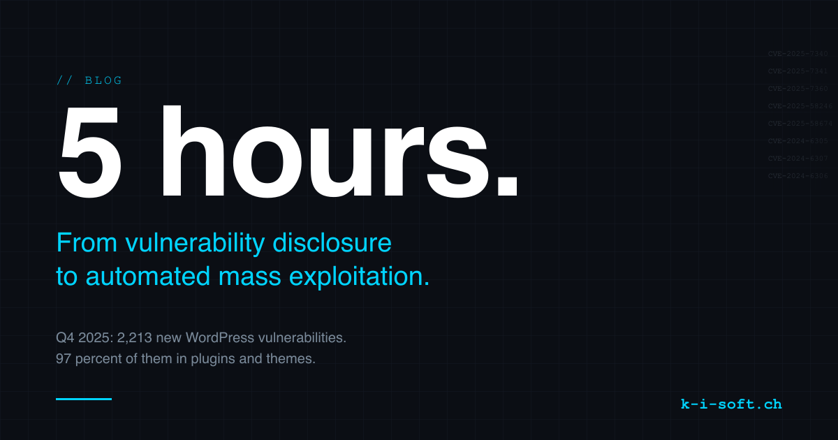Article cover graphic: Swiss authorities warn about WordPress security holes, with evidence from BACS, Patchstack and Wordfence.